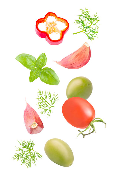 Set of flying fresh ingredients for the salad on white background - Foto, immagini