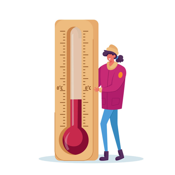寒い天候の概念。暖かい冬の服を着た凍結女性キャラクターが巨大な温度計に立つ、凍結 - ベクター画像