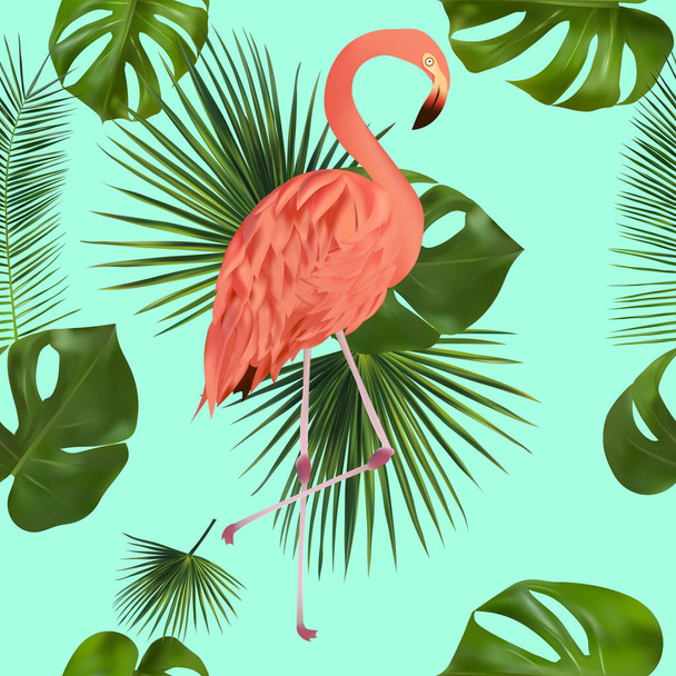 Yeşil arka planda tropikal yaprak ve pembe flamingo. Tasarımın için kusursuz desen, duvar kağıtları, tekstil. Vektör illüstrasyonu - Vektör, Görsel