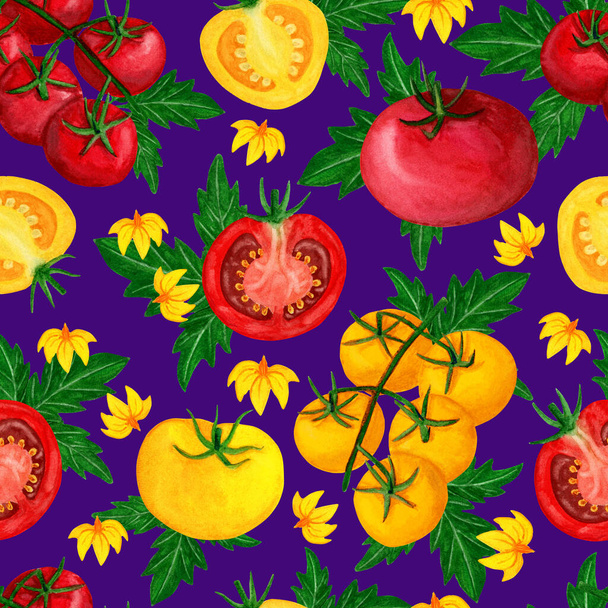Акварель томат бесшовный узор с цветами - Фото, изображение