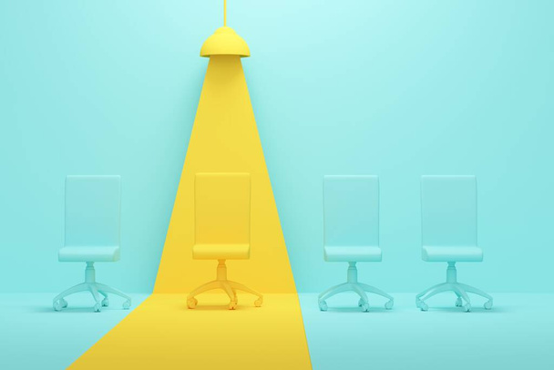 Sfondo blu studio con lampada gialla e sedie. Design dello sfondo per la promozione del prodotto. rendering 3d - Foto, immagini