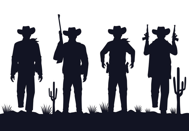 vaqueros figuras siluetas con pistolas personajes en el desierto - Vector, imagen