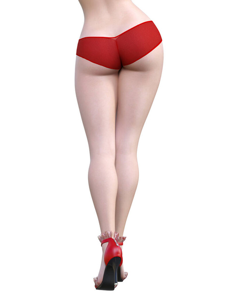 3D Krásné sexy ženské nohy červené kalhoty a sandály.Žena studio the aphy.High podpatek.Konceptuální módní art.Svůdné upřímné pose.Vykreslit izolované ilustrace.Summer intimní oblečení - Fotografie, Obrázek