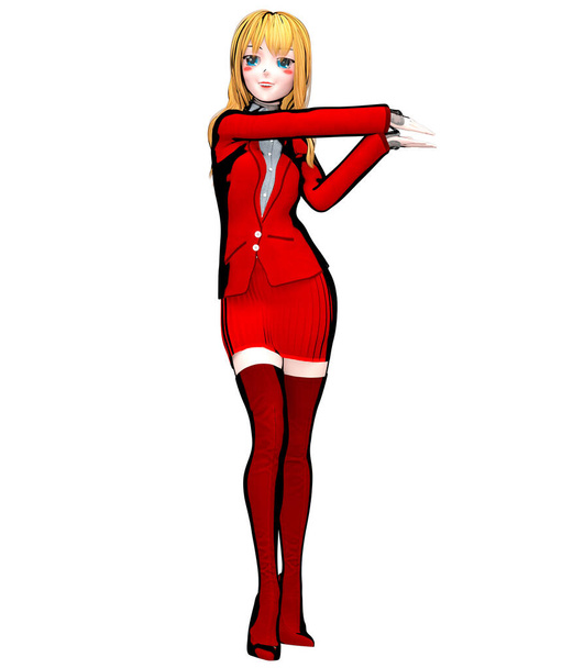 3D render sexy anime doll japanese girl big blue eyes.Red jacket, skirt and long boots.Cartoon, comics, sketch, drawing, manga isolated illustration.Conceptual fashion art. - Фото, зображення