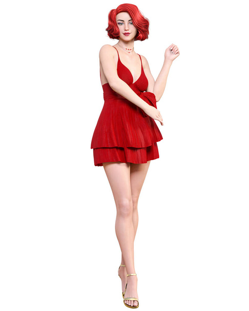 Beautiful redhead woman in short red mini dress.Summer clothes collection.Bright makeup.Woman studio photography.Conceptual fashion art.Seductive candid pose.Femme fatale.3D Render. - Foto, Bild