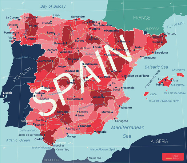 Espanha país detalhado mapa editável - Vetor, Imagem