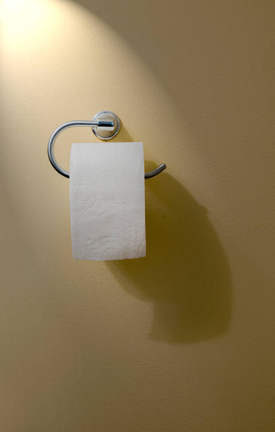 Vertical shot of a roll of toilet paper hanging on a toilet paper holder attached to a wall. - Fotografie, Obrázek