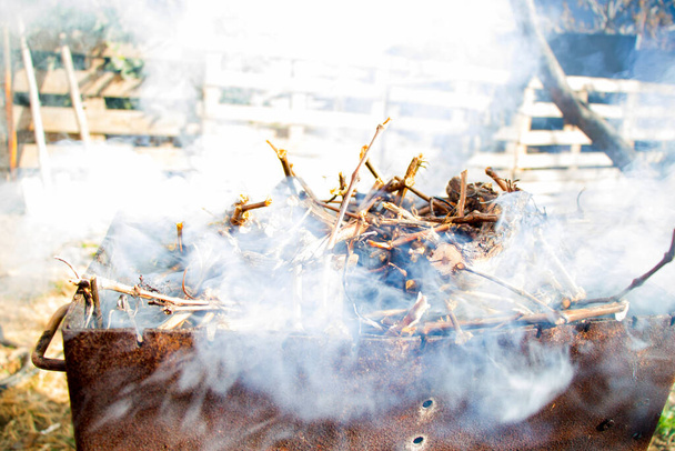 Brandhout in de grill, metalen rooster en vuur voor maaltijd en vlees, barbecuevuur voor vlees - Foto, afbeelding