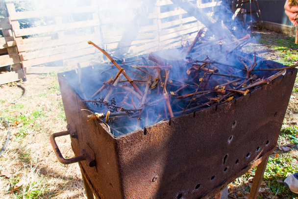 Brandhout in de grill, metalen rooster en vuur voor maaltijd en vlees, barbecuevuur voor vlees - Foto, afbeelding