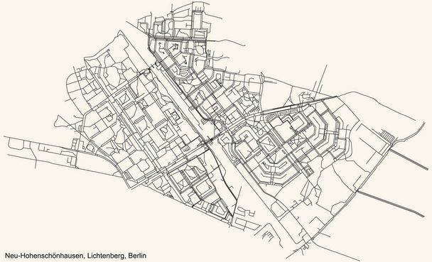 Carte routière noire simple et détaillée sur fond beige vintage du quartier Neu-Hohenschnhausen localité de l'arrondissement de Lichtenberg à Berlin, Allemagne - Vecteur, image