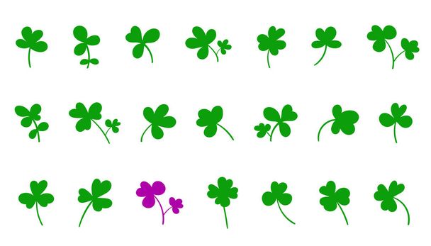 Set of clover leaves. Collection of magical plant. Decoration for St. Patrick's Day, trefoils and quatrefoils. Shamrock. Irish story. Isolated on white. Vector illustration. - Vector, Image