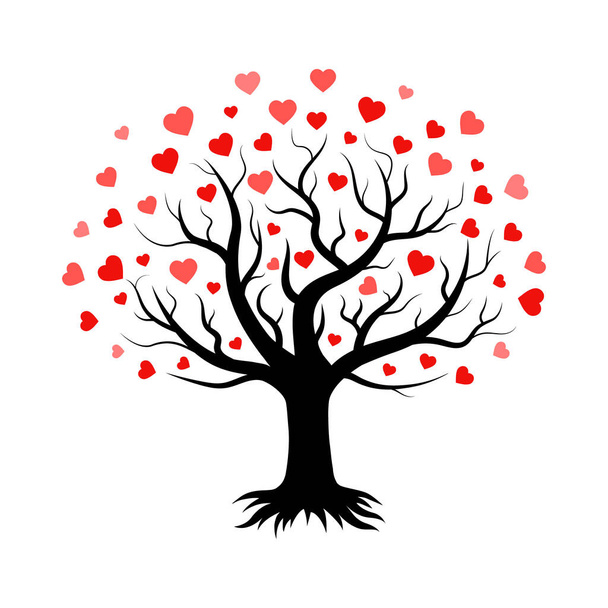 La silueta del árbol con las hojas - los corazones, la decoración romántica para el Día de San Valentín. El símbolo del amor, las relaciones y el romance para la fiesta el 14 de febrero. Aislado. Ilustración vectorial - Vector, imagen