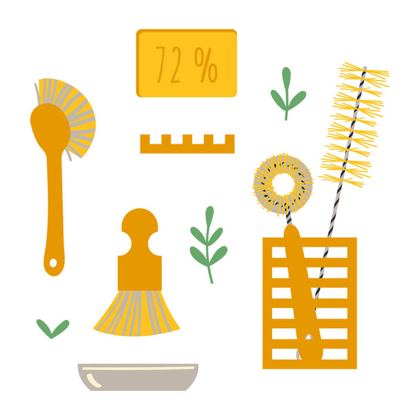 A set of accessories for washing dishes for a zero-waste lifestyle. Vector. Illustration in a flat style. - Vector, Image