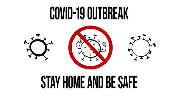 Advertencia de infección por coronavirus COVID-19, brote de virus, quedarse en casa e ilustración segura aislada, sobre fondo blanco  - Foto, Imagen