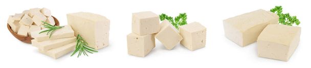 queso de tofu aislado sobre fondo blanco con camino de recorte y profundidad completa de campo, Set o colección - Foto, Imagen