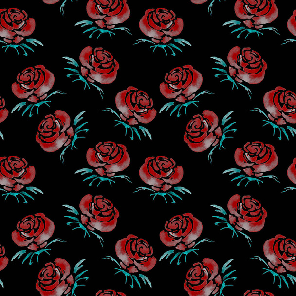 Vintage watercolor seamless pattern with rose flowers on black. Bright spring or summer fashion print for decoration design. Vintage wedding decor. - 写真・画像