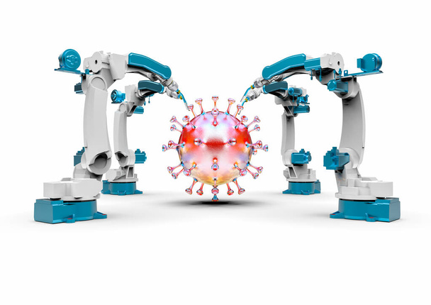 Imagen de renderizado 3D que representa un virus manipulado por robots y computadoras - Foto, imagen
