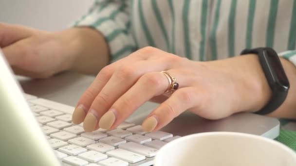Close up imagens de mulheres mãos digitando no laptop no escritório - Filmagem, Vídeo