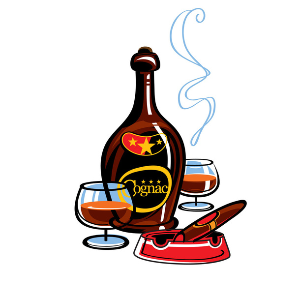 Bottiglia di Cognac e sigaro nel vassoio della cenere
 - Vettoriali, immagini
