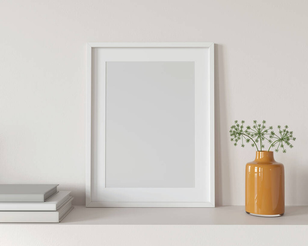 Poster Mockup interieur met een oranje vaas van glas en boeken over gebroken witte achtergrond / 3D illustratie, 3d render  - Foto, afbeelding