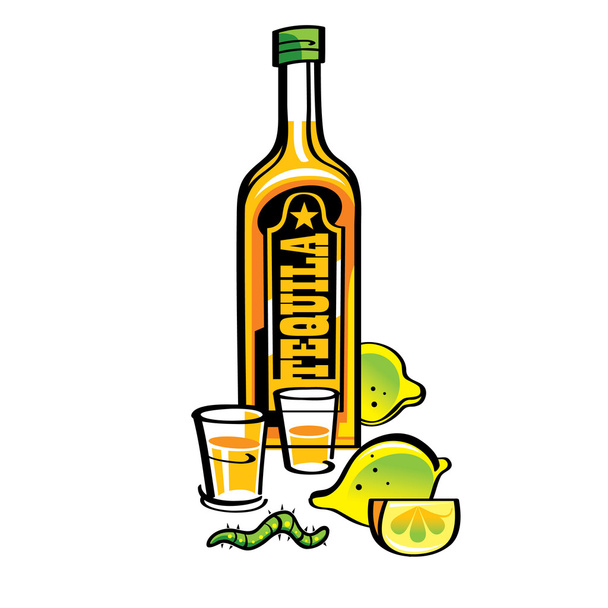 μπουκάλι τεκίλα μεξικάνικο ποτό με τα λεμόνια και κάμπια - Διάνυσμα, εικόνα