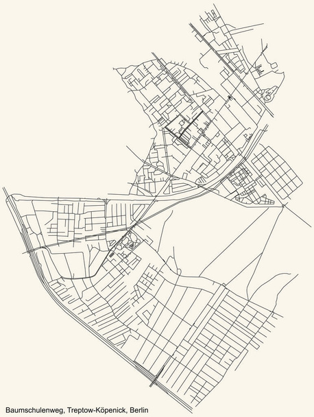 Negro simple y detallado plano de las carreteras de la ciudad en el fondo beige vintage del barrio Baumschulenweg localidad del Treptow-Kpenick de Berlín, Alemania - Vector, imagen