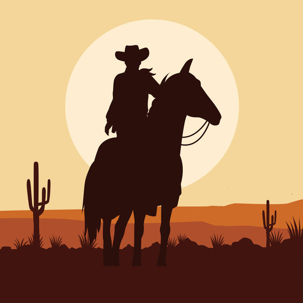 силует ковбойської фігури в сцені пейзажу пустелі
 - Вектор, зображення