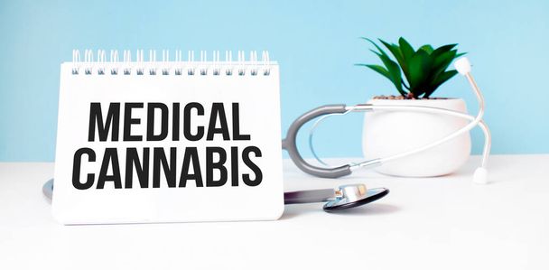 The text medical cannabis is written on notepad near a stethoscope on a blue background. Medical concept - Fotografie, Obrázek