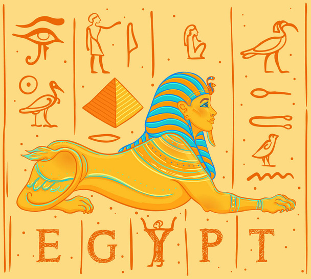 Sphinx, Egyptian mythical creature with head of human, body of lion and wings. Hand-drawn vintage vector outline illustration. Tattoo flash, t-shirt or poster design, postcard. - Vektor, Bild