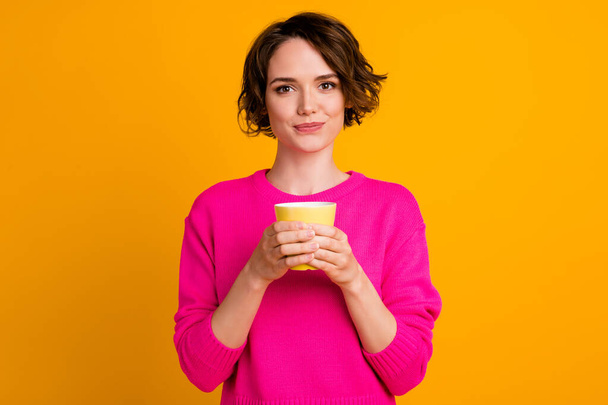 Portrait of nice pretty girl hold latte cup wear good look pullover isolated over bright color background - Valokuva, kuva