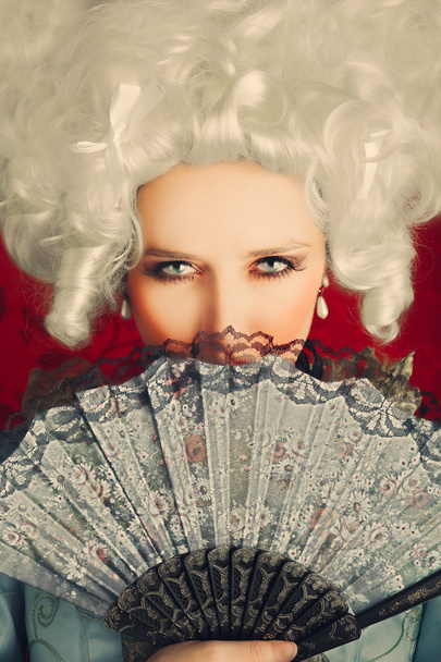 Beautiful Baroque Woman Portrait with Wig and Fan - Photo, image