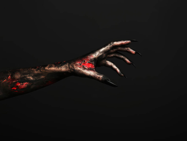 Scary monster on black background, closeup of hand with space for text. Halloween character - Fotoğraf, Görsel