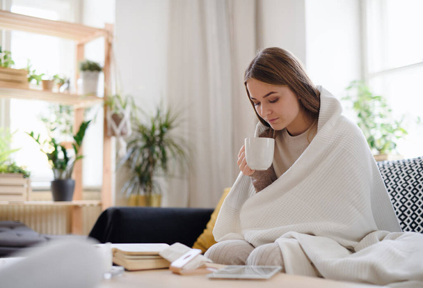 Ill young woman with blanket drinking tea at home, coronavirus concept. - Foto, imagen