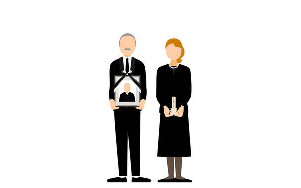 Senior couple standing with a mortuary tablet -Translation: Sample text of the deceased name - Vector, Image