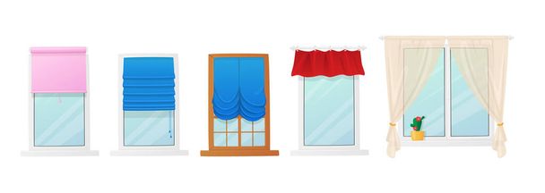 Fensterset mit römischen Vorhängen und Rollläden. Elemente der Innenarchitektur. Kunststoff- oder Holzrahmen mit Vorhang - Vektor, Bild