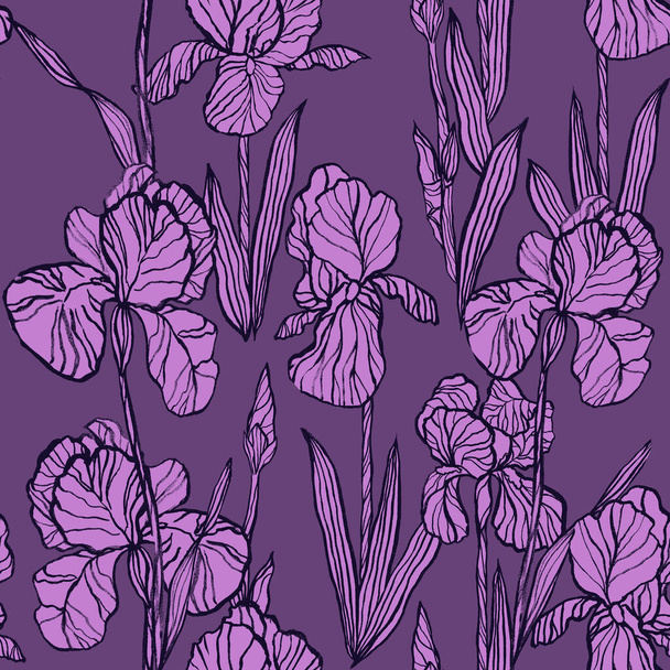 Μοβ χρώμα floral χωρίς ραφή μοτίβο με λουλούδια ίριδας - Φωτογραφία, εικόνα