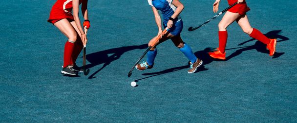 Women battle for control of ball during field hockey game. Team sport concept - Photo, Image
