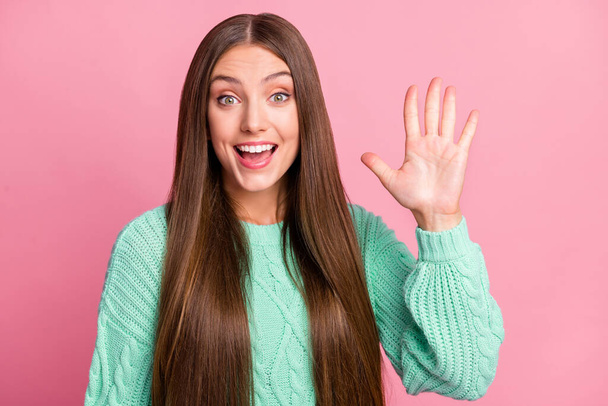 Close up photo of shocked pretty person arm waving open mouth teal sweater isolated on pink color background - Foto, Bild
