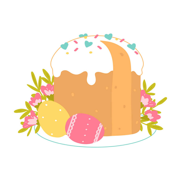 Easter cake isolated on a white background. Dessert for Orthodox Easter. Cupcake, flowers and painted eggs. Vector illustration in flat style - Vector, imagen