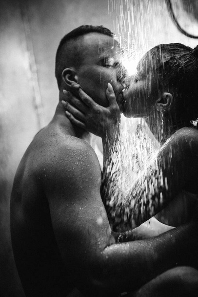 naked couple in love in shower  - 写真・画像
