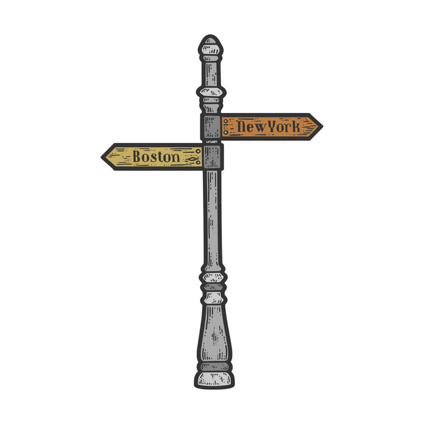 木製の道路標識方向,ボストンとニューヨークのスケッチ. - ベクター画像