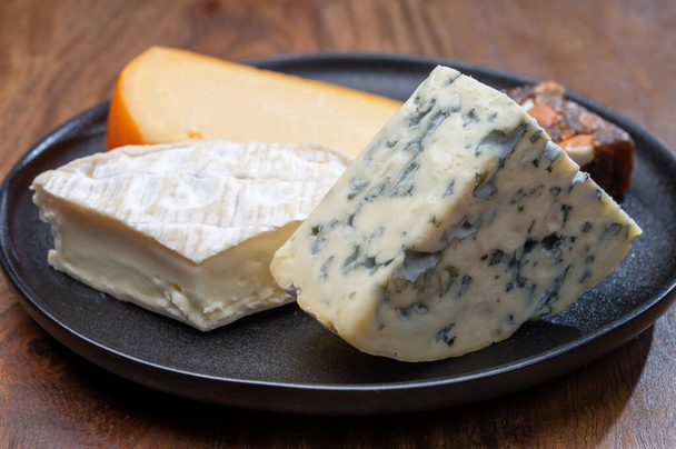Sbírka sýrů, modrý sýr, camembert, brie podávaný jako dezert s fíkovým mandlovým chlebem zblízka - Fotografie, Obrázek