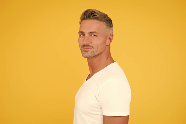 Barbershop salon. Barber and hairdresser. Man mature good looking model copy space. Hair styling. Reference beauty. Grizzle hair. Deal with gray roots. Man attractive well groomed facial hair - Foto, Bild