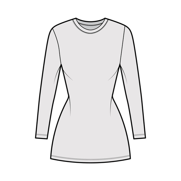 T-Shirt-Kleid technische Modeillustration mit Rundhalsausschnitt, langen Ärmeln, Mini-Länge, schlanke Passform, Fülle des Bleistifts. Flach - Vektor, Bild