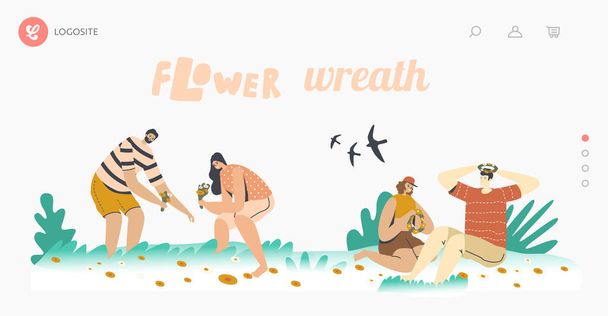 Літній сезон на сайті Romance Landing Page Template Щасливі персонажі вибирають квіти, щоб ткати вінки - Вектор, зображення