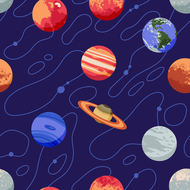 Vector seamless pattern with solar system planets and stars - Vector, Image