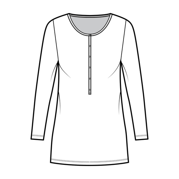 Tričko šaty mini technické módní ilustrace s henley krku, dlouhé rukávy, nadrozměrné, tužka plnost, strečink - Vektor, obrázek