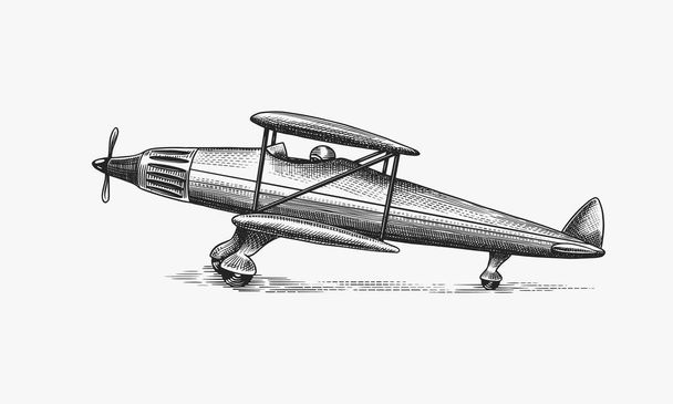 Utasszállító repülőgép kukoricacsutka vagy repülőgép repülés utazási illusztráció. Vésett kézzel rajzolt régi vázlat stílusban, vintage szállítás. - Vektor, kép
