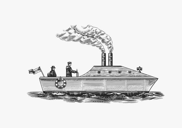 Motorhajó tengerészekkel. Tengerjáró hajó gőzfüsttel a csőből, tengeri vitorlás. Vízi szállítás és tengerész az óceánban. Vésett kézzel rajzolt vintage stílusban. - Vektor, kép