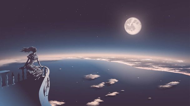 Vektor-Illustration der antiken Göttin, die sich auf dem Balkon entspannt und vom Himmel auf die moderne Zivilisation herabblickt, mit einem schönen Vollmond im Hintergrund - Vektor, Bild
